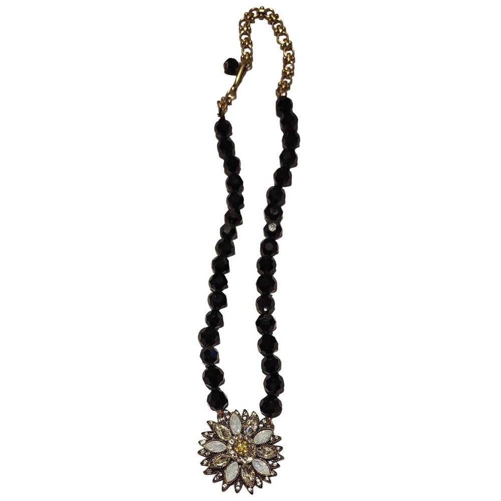 Heidi Daus Black Beaded Statement Necklace Flower Crystal Pendant Gold Tone